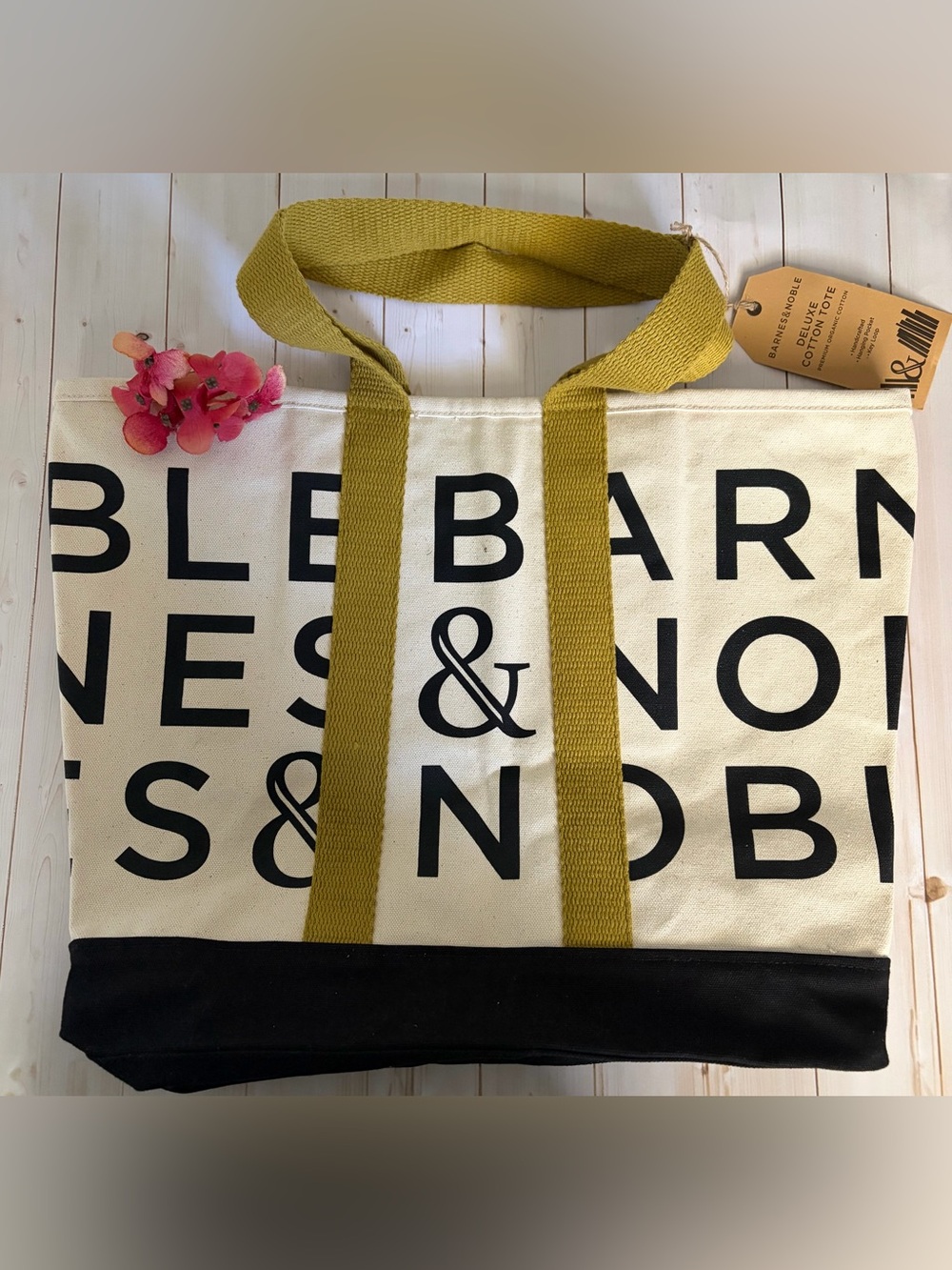 Barnes & Noble Canvas Large Tote with Mustard Yellow Straps and Black Print